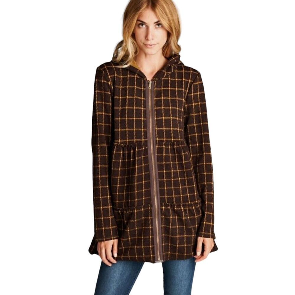 Oddy Plaid Ruffle Zip Up Hooded Jacket Windowpane Chestnut Brown Gold Small S